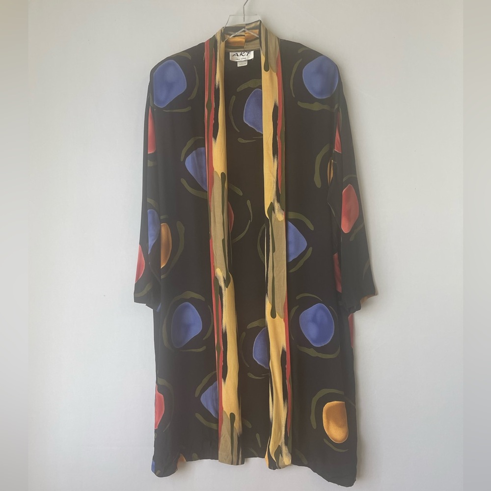 80s Rayon Geometric Primary Color Kimono Jacket Coverup M - Picture 7 of 15